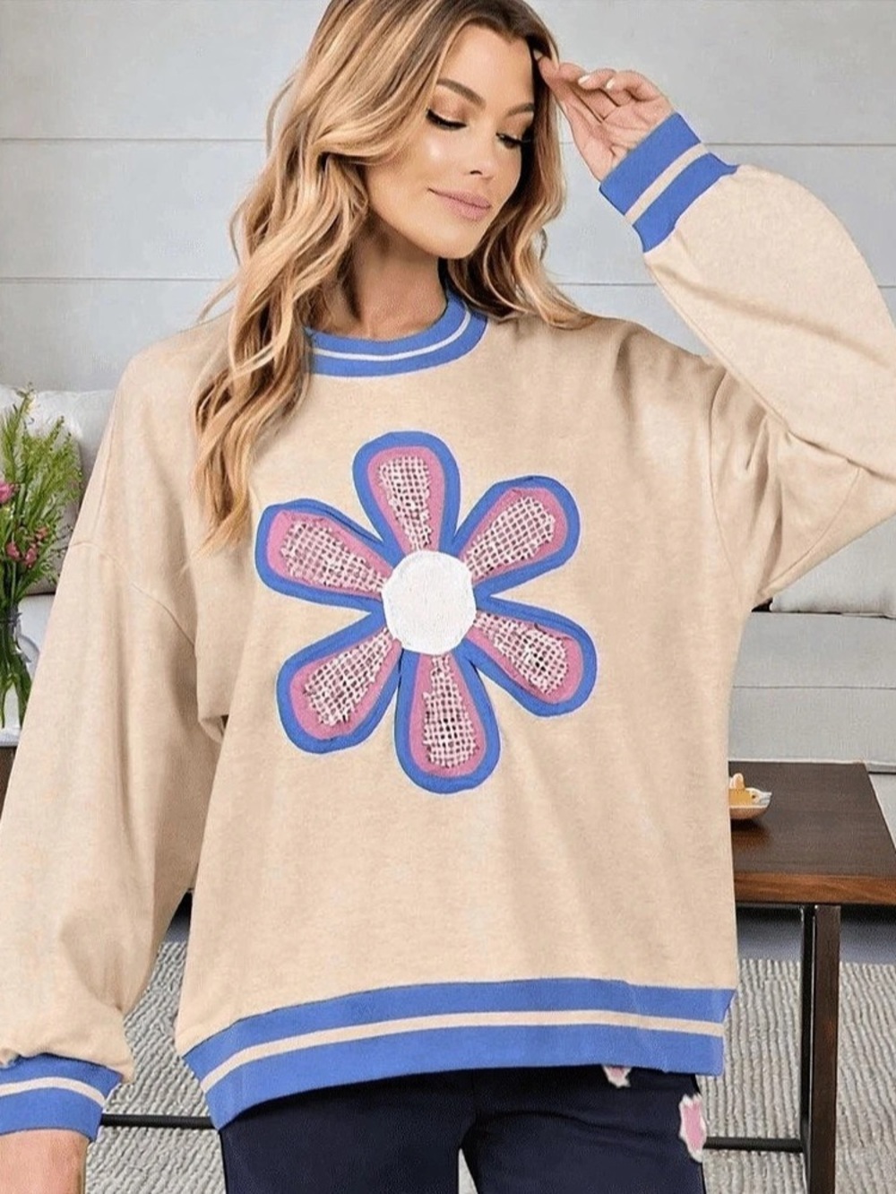 Sage + Fig Floral Applique and patchwork Sweatshirt